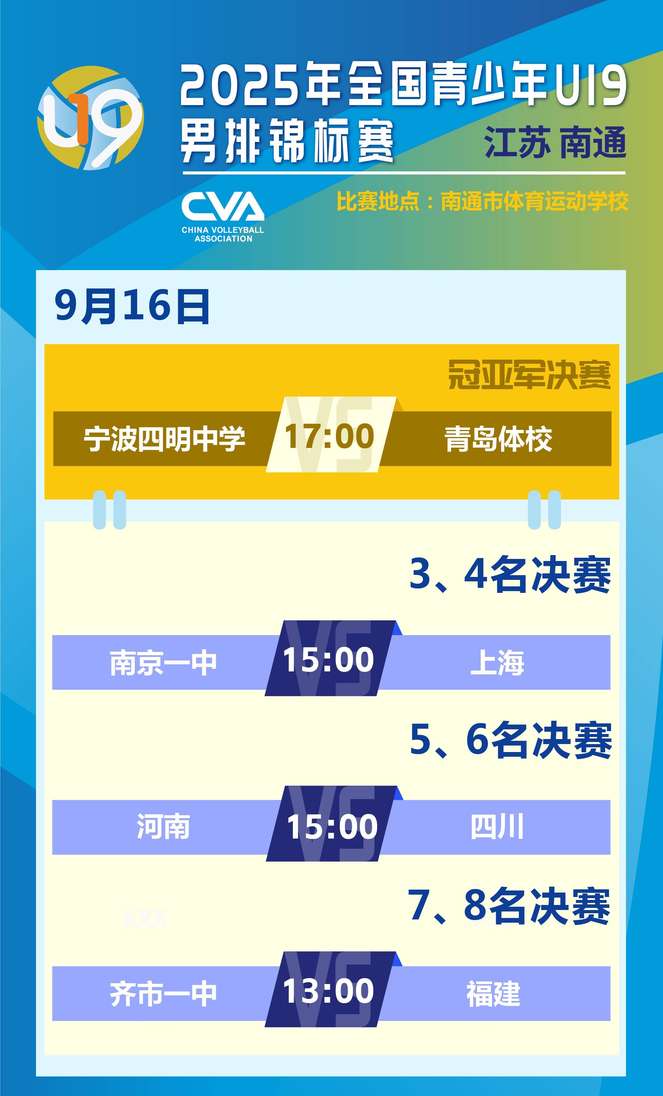 U19排球全锦赛9月16日赛程，男排争冠，女排半决赛